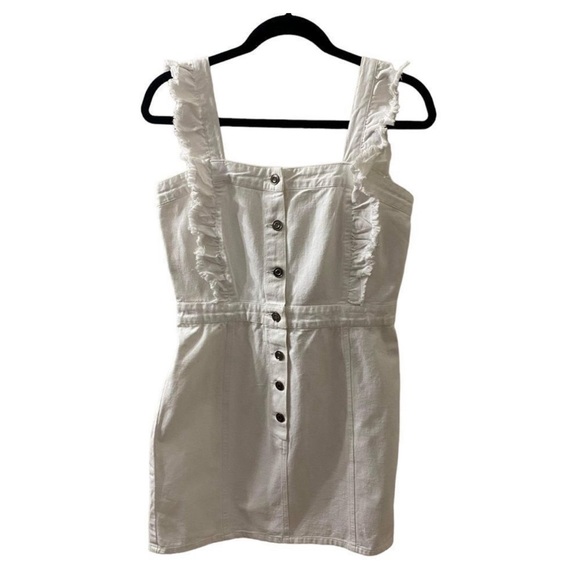 Elan Dresses Denim Ruffle Button Front Jumper Dress Sz M | white NWT - Picture 3 of 6